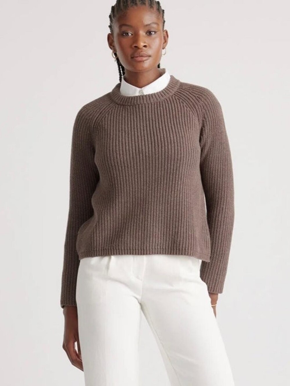 Quince Organic Cotton Ribbed Crewneck Fisherman Sweater - Brown